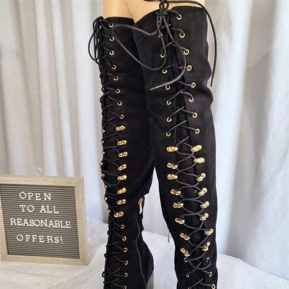 * So Me Black Over The Knee Lace Up Block Heel Boots - Picture 2 of 7